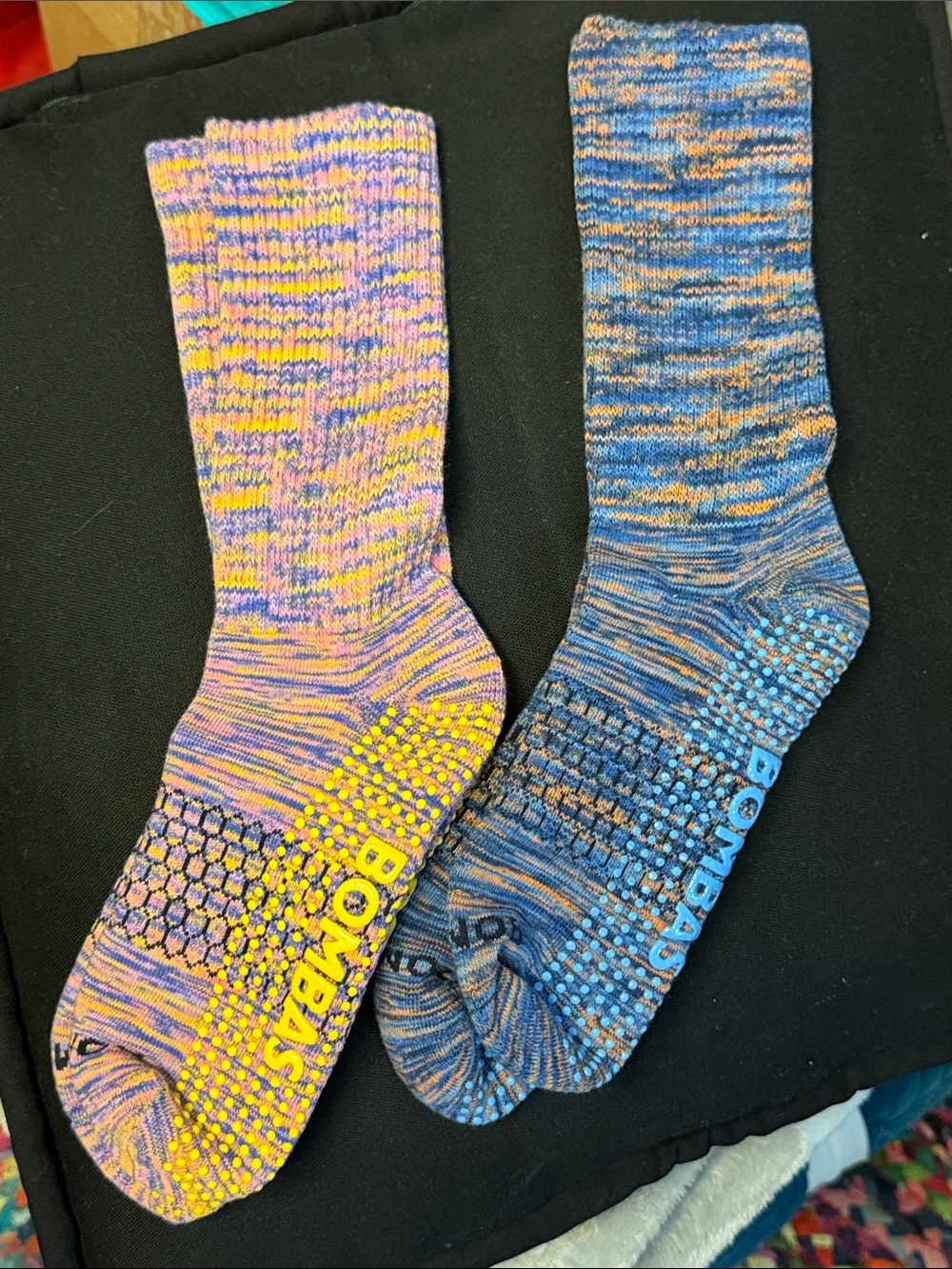 Bombas Mismatched Marled Crew Socks in Blue, Purple & Yellow